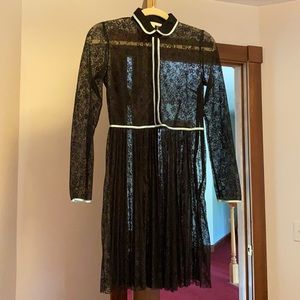 Maje Black Lace and Aqua Satin Trim Dress